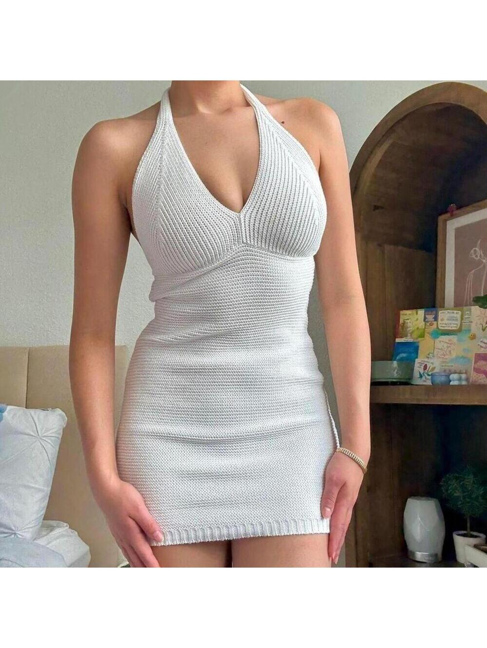 White Knit Halter Mini Dress